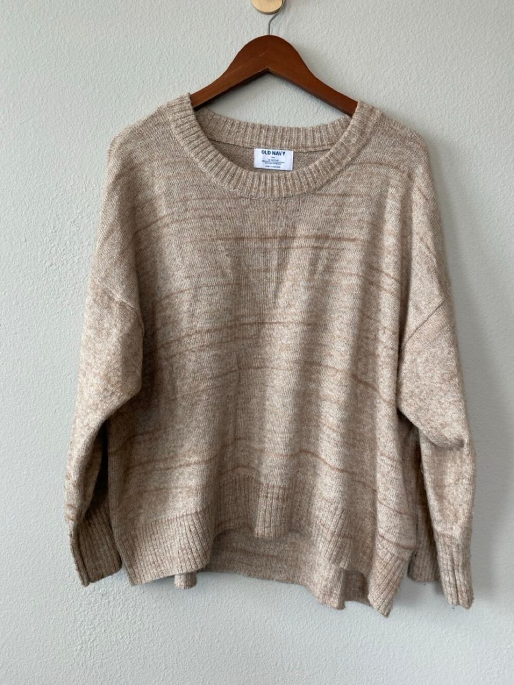 Old Navy Womens Oversized Boxy Sweater XXL Beige Oatmeal Crewneck Cozy Fall Knit